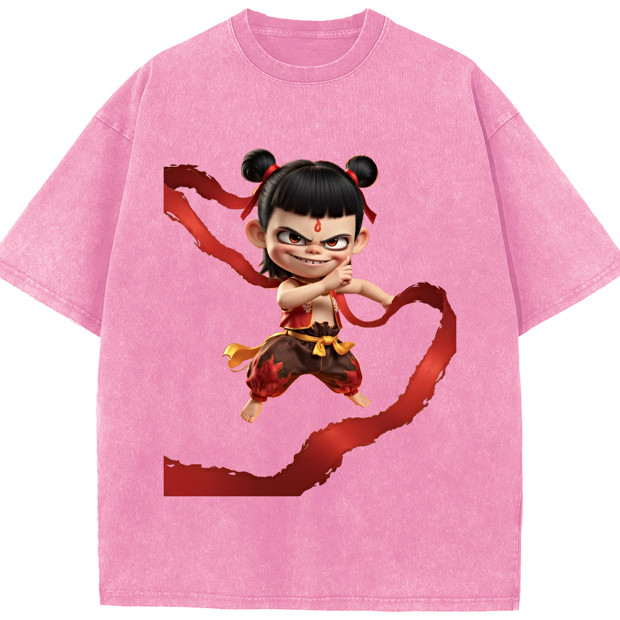 （画像用） Ne Zha 2 ナタ 魔童の大暴れ 綿100% ヴィンテージ風 半袖Tシャツ（フロントプリント）